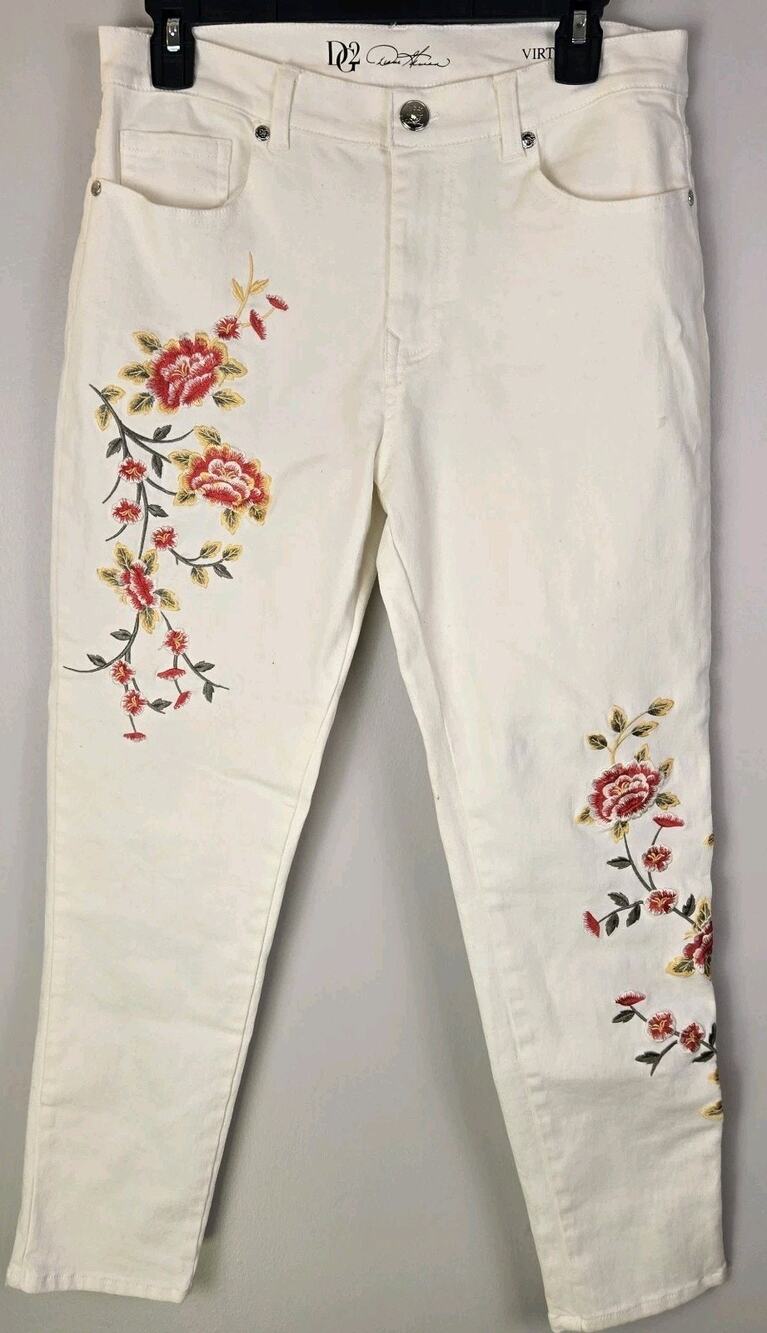 Floral Embroidered Jeans Diane Gilman Ivory 10P NWT COTTAGE BOHO HIPPIE FESTIVAL
